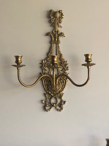 Pair of Three-Arm Vintage Heavy Brass Vintage Sconces (Eagle / Griffin Head)