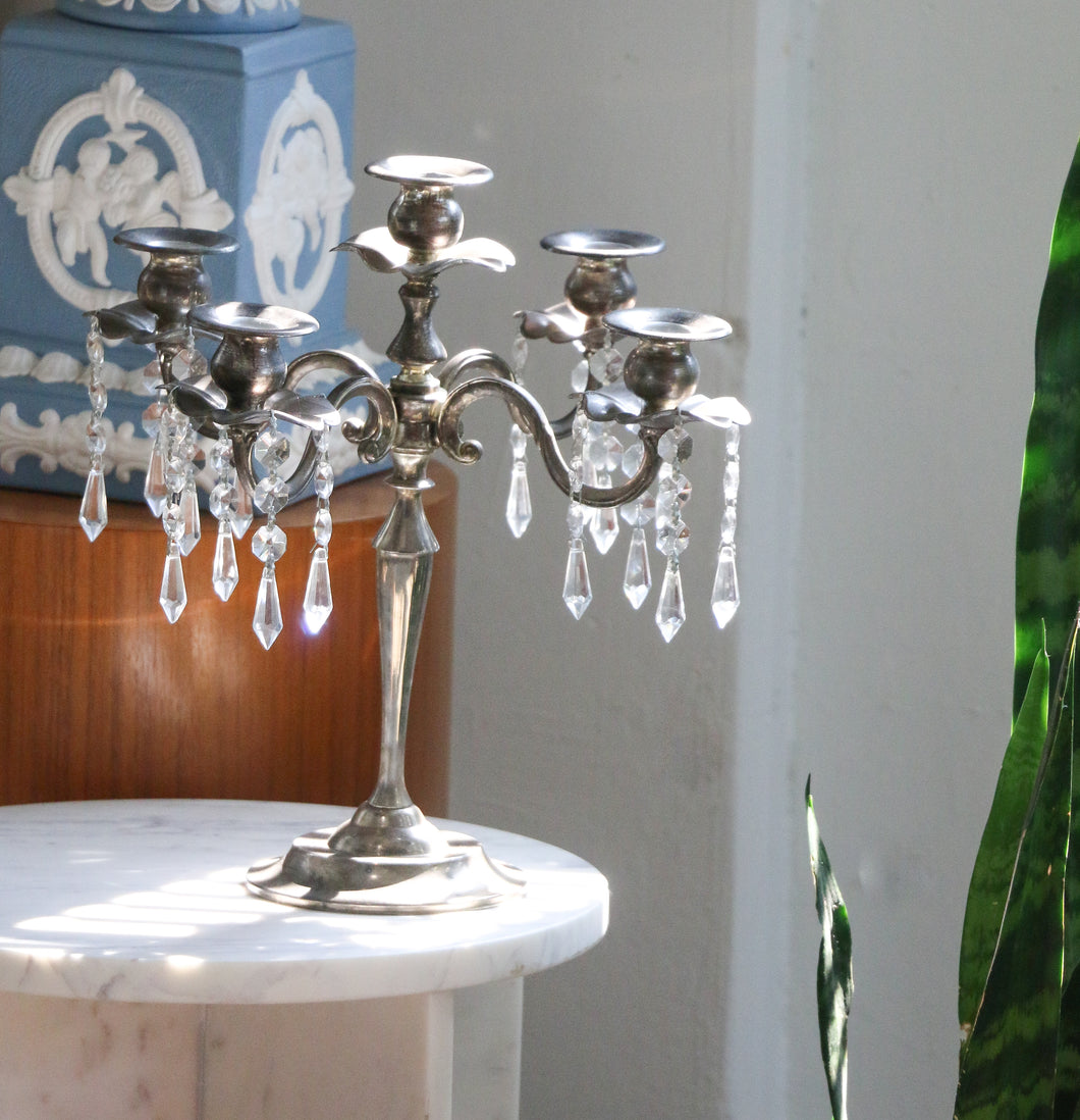 Vintage 5 Arm Candelabra with Hanging Crystals