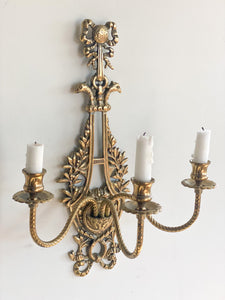 Pair of Three-Arm Vintage Heavy Brass Vintage Sconces (Eagle / Griffin Head)