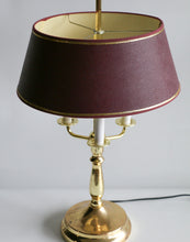 Load image into Gallery viewer, Mid-20th Century Brass Three-Arm Bouillotte Lamp With Red &amp; Gold Shade.
