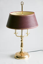 Load image into Gallery viewer, Mid-20th Century Brass Three-Arm Bouillotte Lamp With Red &amp; Gold Shade.
