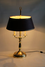 Load image into Gallery viewer, Mid-20th Century Brass Three-Arm Bouillotte Lamp With Red &amp; Gold Shade.
