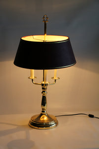 Mid-20th Century Brass Three-Arm Bouillotte Lamp With Red & Gold Shade.