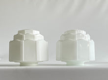 Load image into Gallery viewer, Pair of Vintage 1930s Art Deco Milk Glass Tiered Skyscraper Ceiling Light Shades
