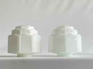 Pair of Vintage 1930s Art Deco Milk Glass Tiered Skyscraper Ceiling Light Shades