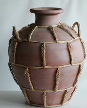 Load image into Gallery viewer, Large Vintage Organic Terracotta Pottery Vessel With Rattan Wrapped Details
