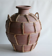 Load image into Gallery viewer, Large Vintage Organic Terracotta Pottery Vessel With Rattan Wrapped Details
