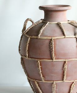 Large Vintage Organic Terracotta Pottery Vessel With Rattan Wrapped Details