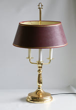 Load image into Gallery viewer, Mid-20th Century Brass Three-Arm Bouillotte Lamp With Red &amp; Gold Shade.
