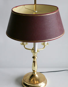 Mid-20th Century Brass Three-Arm Bouillotte Lamp With Red & Gold Shade.