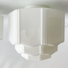 Load image into Gallery viewer, Pair of Vintage 1930s Art Deco Milk Glass Tiered Skyscraper Ceiling Light Shades
