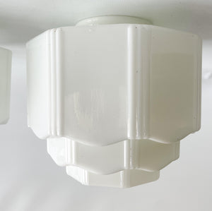 Pair of Vintage 1930s Art Deco Milk Glass Tiered Skyscraper Ceiling Light Shades