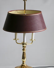 Load image into Gallery viewer, Mid-20th Century Brass Three-Arm Bouillotte Lamp With Red &amp; Gold Shade.
