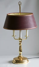 Load image into Gallery viewer, Mid-20th Century Brass Three-Arm Bouillotte Lamp With Red &amp; Gold Shade.
