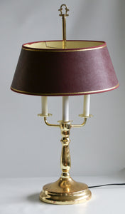 Mid-20th Century Brass Three-Arm Bouillotte Lamp With Red & Gold Shade.