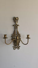 Load and play video in Gallery viewer, Pair of Three-Arm Vintage Heavy Brass Vintage Sconces (Eagle / Griffin Head)
