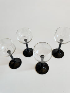 Set of Four Retro Vintage Cristal D’Arques - Durand Luminarc Black Straight Stemmed Vin du Rhin Wine Glasses