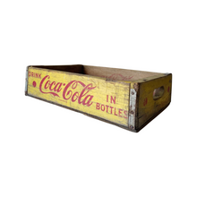 Load image into Gallery viewer, Coca Cola Advertising Wooden Crate Yellow &amp; Red Dated 1964, Vintage Storage Box w Handles
