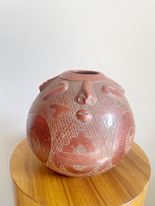 Vintage Marajoara Terra Cotta Amazon Brazil Red Clay Face Pottery Pot Vase 