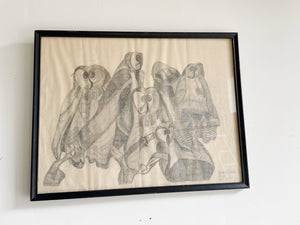 Framed Owl Drawing dated 1972