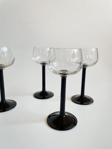 Set of Four Retro Vintage Cristal D’Arques - Durand Luminarc Black Straight Stemmed Vin du Rhin Wine Glasses