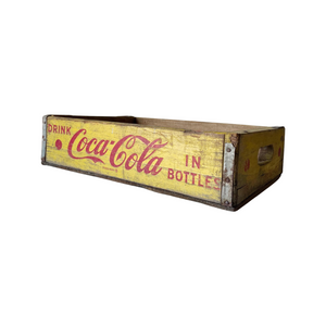 Coca Cola Advertising Wooden Crate Yellow & Red Dated 1964, Vintage Storage Box w Handles