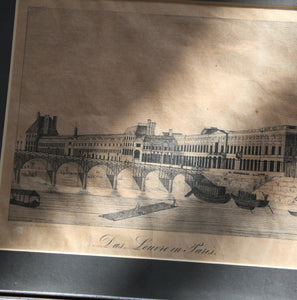 Antique circa 1832 Framed Etching of The Louvre Museum in Paris