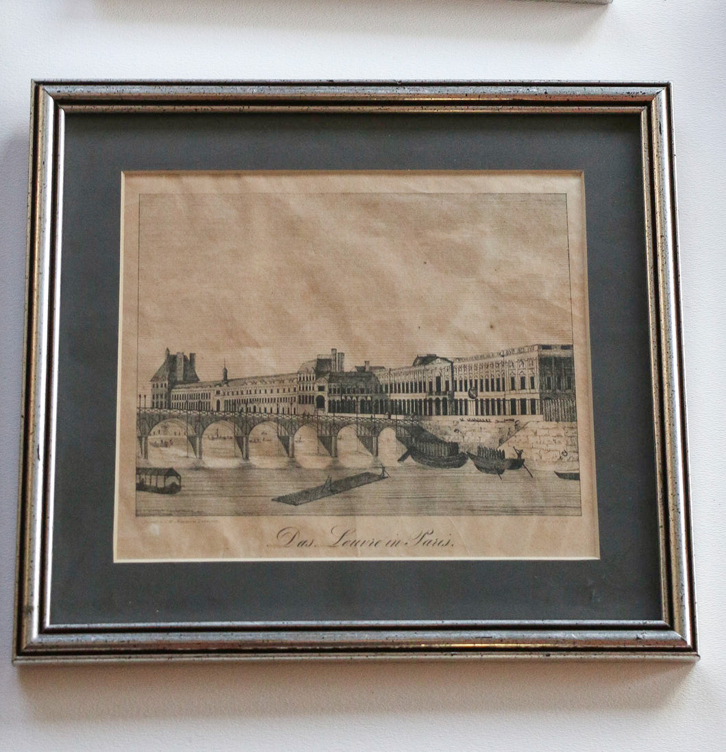 Antique circa 1832 Framed Etching of The Louvre Museum in Paris